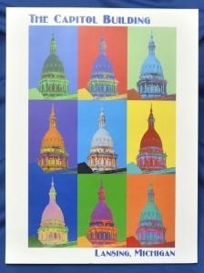 Multiple images of Michigan State Capitol dome in bright colors