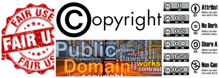 Collage of images related to copyright, fair use, public domain and creative commons