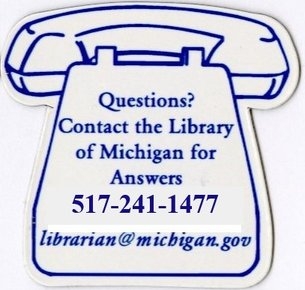 Line drawing of a telephone with Library of Michigan contact information