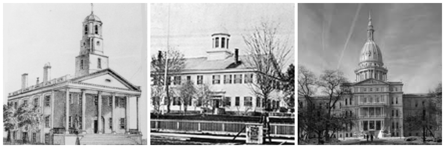 Black and white images of Michigan's 3 state capitol buildings