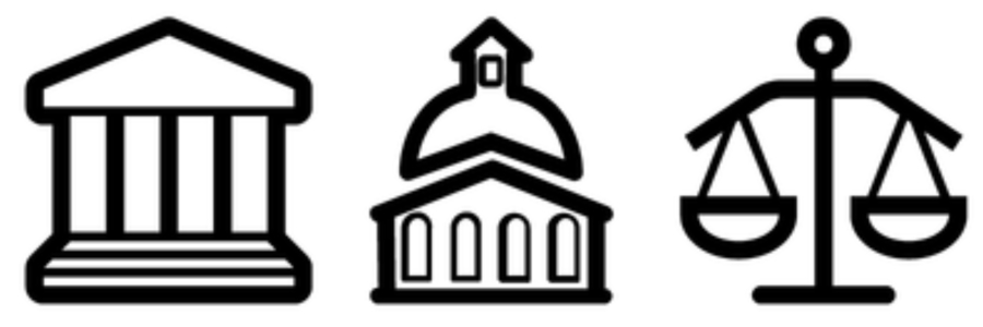 Three black and white line drawn images of a columned building, a domed building and the scales of justice