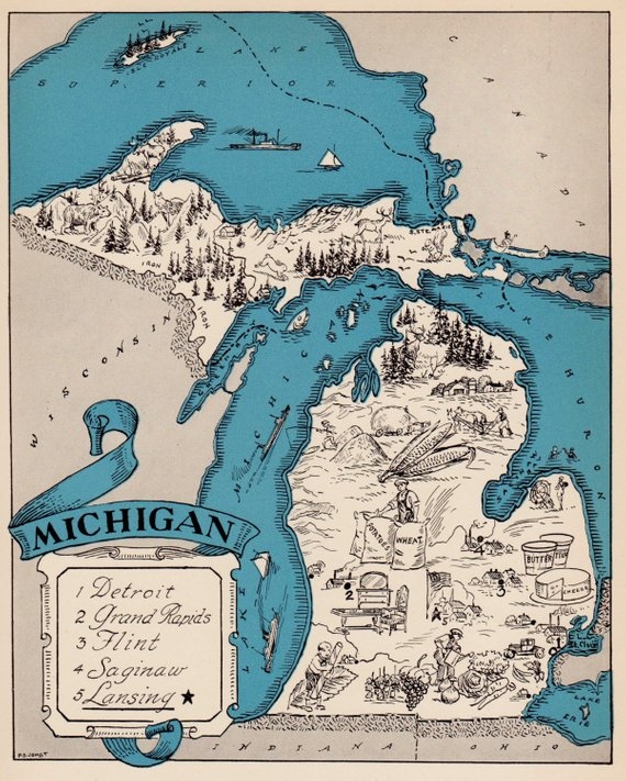 Map of Michigan with sketches of geographical features, agricultural and industrial products