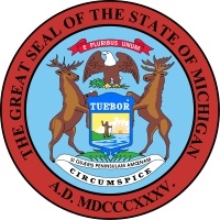 Round seal with the words great seal of the state of michigan and images of a deer, elk, eagle surrounding a shield with the word tuebor