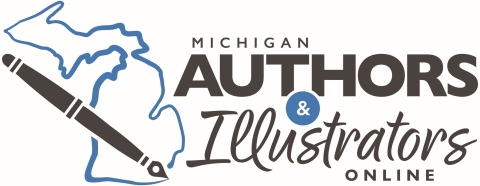 Logo with outline of Michigan a fountain pen and the words Authors and illustrators Online