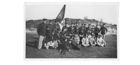 Black and white photograph of military bugle corps